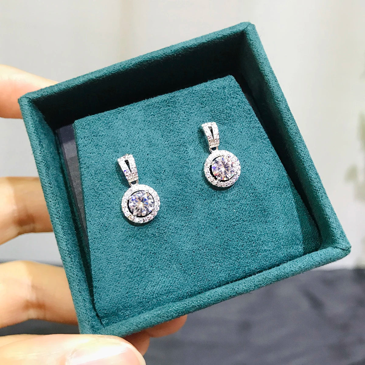 Moissanite Round Halo Drop Earrings in Sterling Silver — Classic Halo Drops — BandsCo Straps