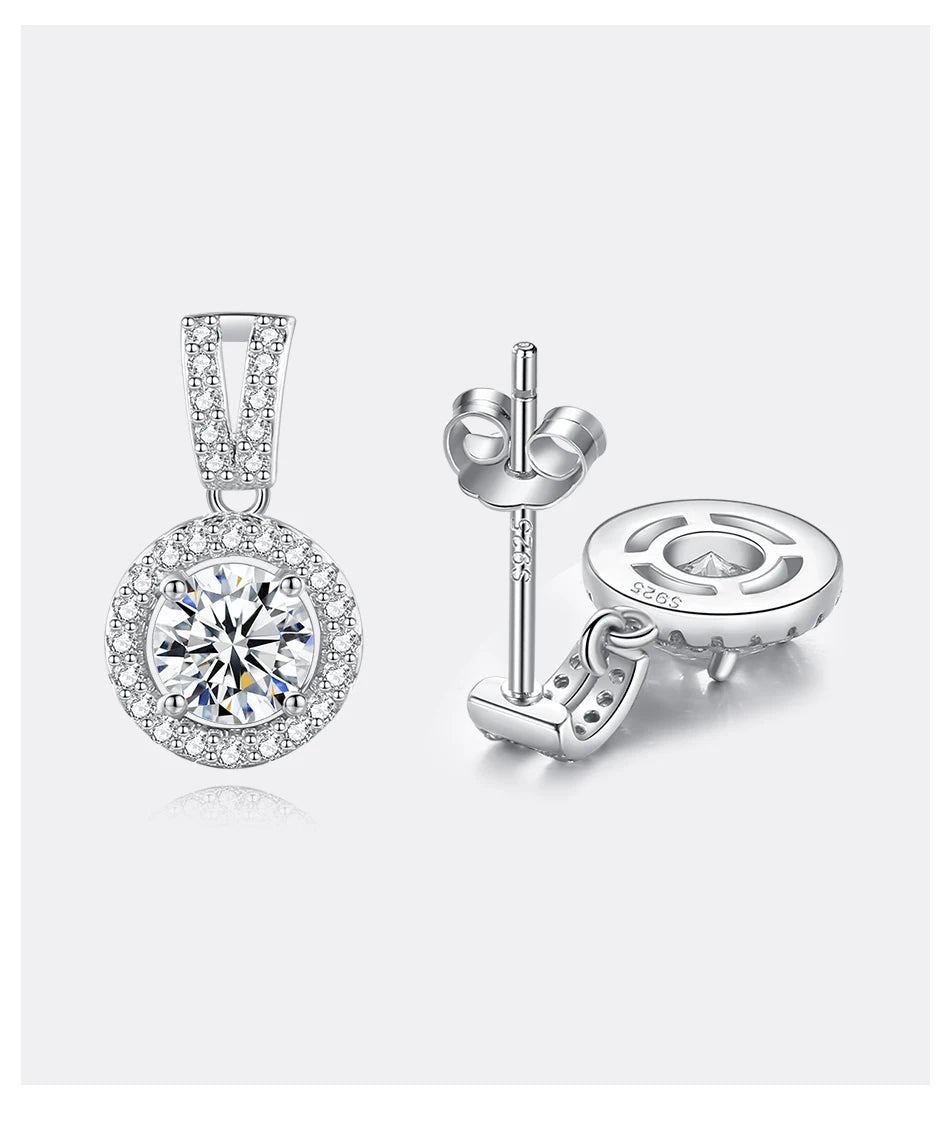 Moissanite Round Halo Drop Earrings in Sterling Silver — Butterfly backs and settings — BandsCo Straps
