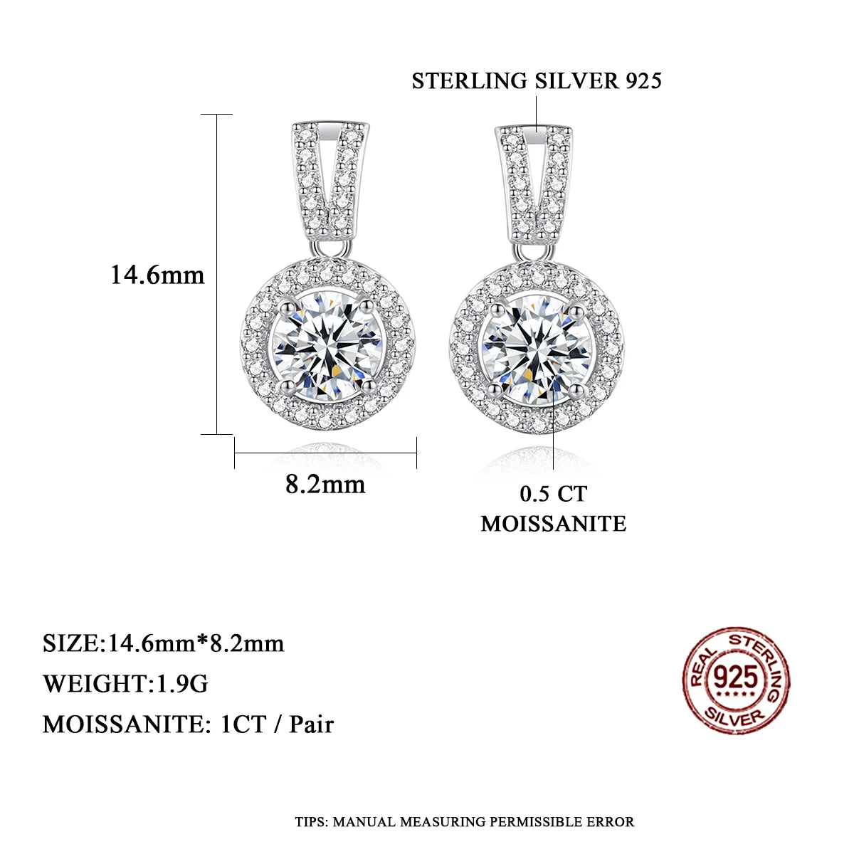 Moissanite Round Halo Drop Earrings in Sterling Silver — Earring measurements and pair weight — BandsCo Straps