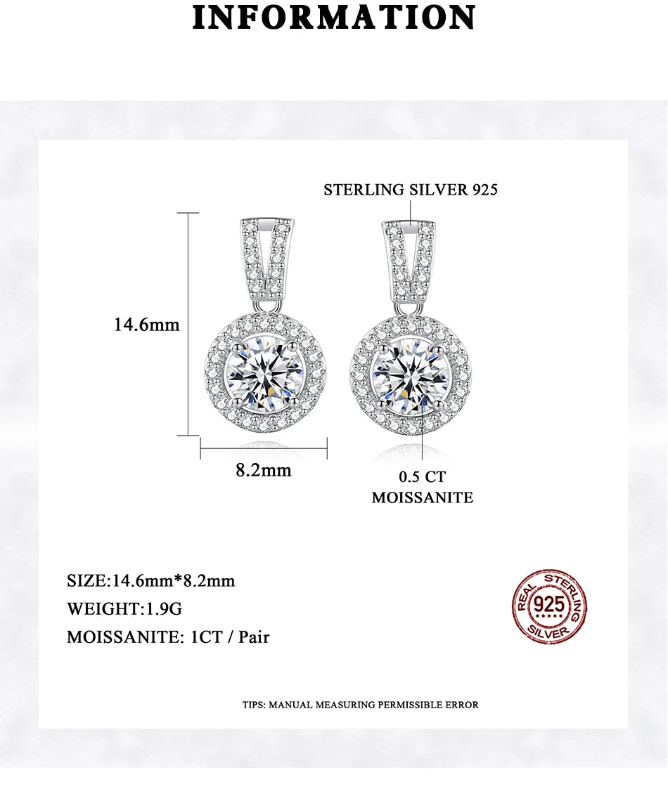 Moissanite Round Halo Drop Earrings in Sterling Silver — Size and stone information — BandsCo Straps