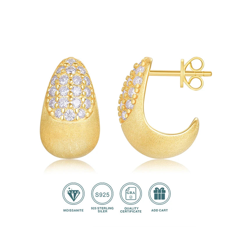 Brushed Gold-Plated Moissanite J-Hoop Earrings — Post and butterfly back view — BandsCo Straps