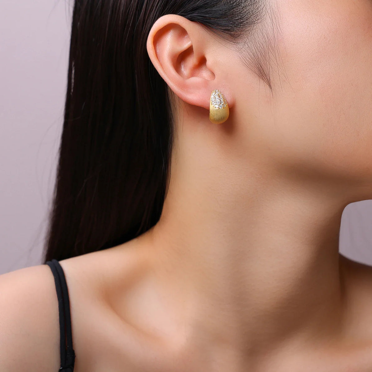 Brushed Gold-Plated Moissanite J-Hoop Earrings — Brushed J-hoop worn on ear — BandsCo Straps