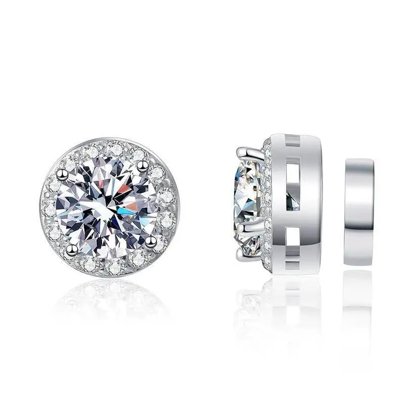 Round Halo Moissanite Non-Pierced Earrings in Silver — Front and side views