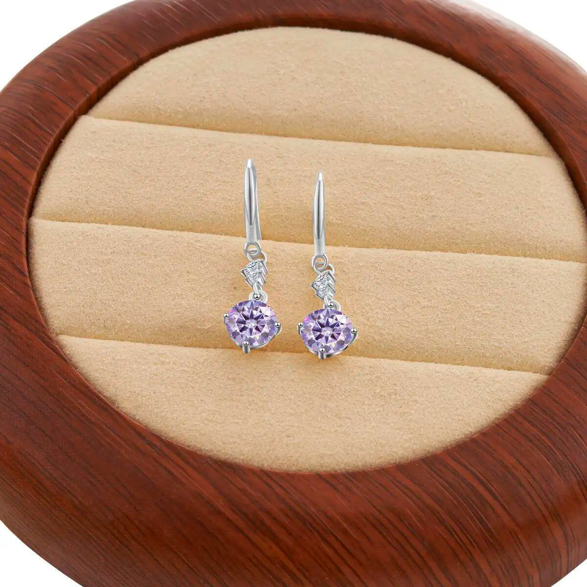 Colorful Moissanite Hook Drop Earrings in Sterling Silver — Light Purple / Silver
