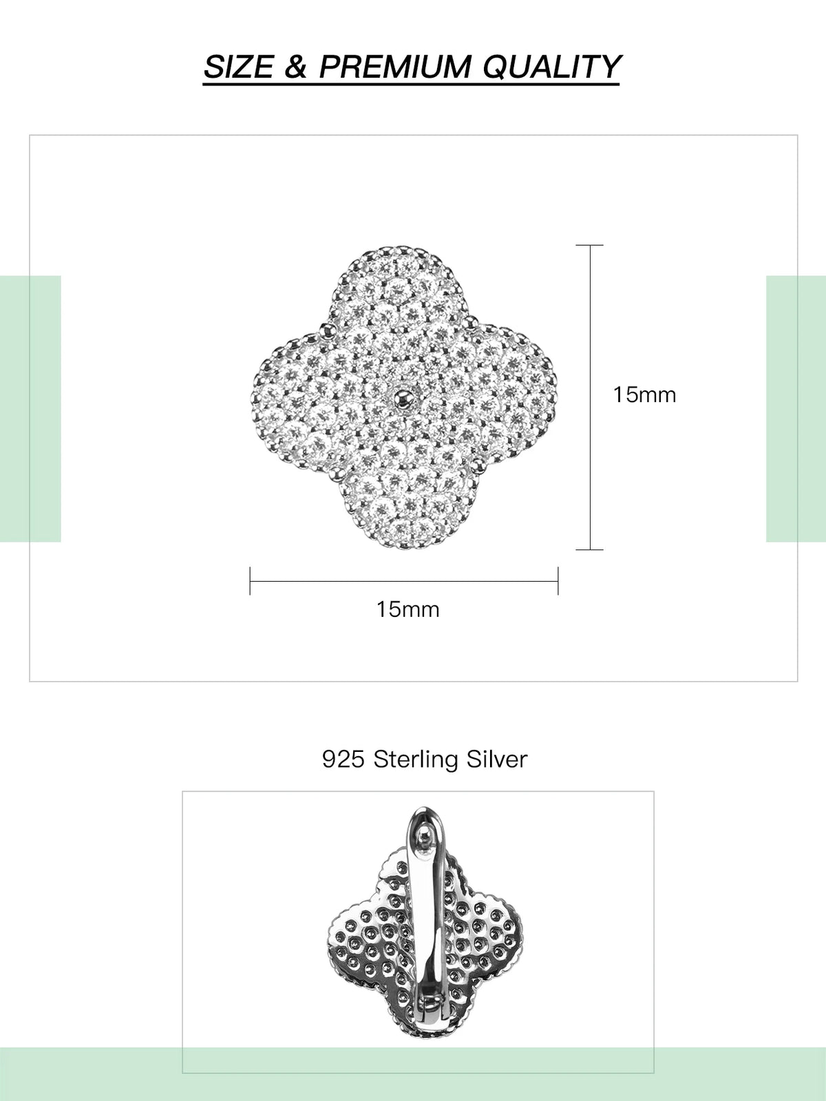 Clover Pavé Moissanite Clip Earrings in Sterling Silver - 15 mm size and silver details
