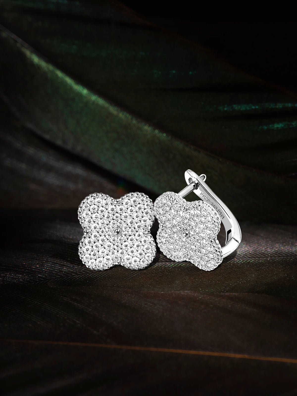 Clover Pavé Moissanite Clip Earrings in Sterling Silver - front view