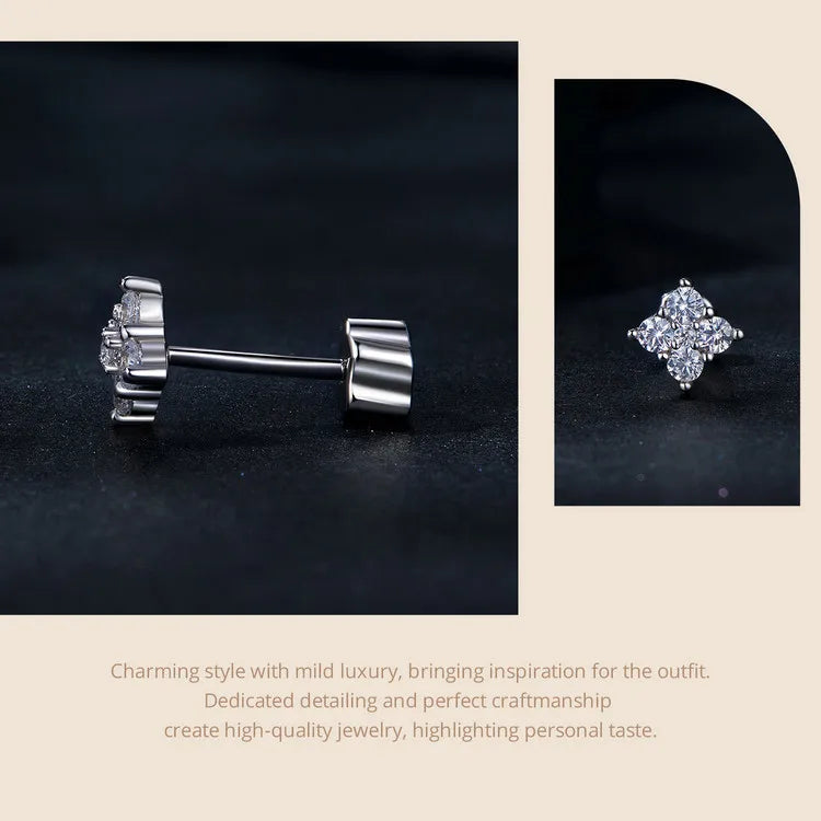 Four-Leaf Clover Moissanite Screw-Back Stud Earrings - Front and side comparison