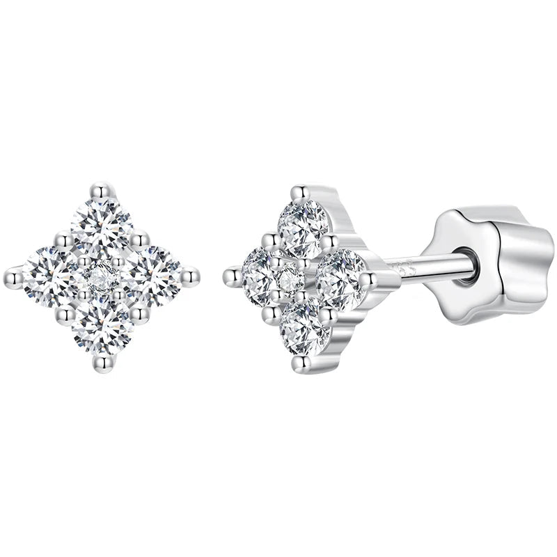 Four-Leaf Clover Moissanite Screw-Back Stud Earrings - Clover cluster front and side