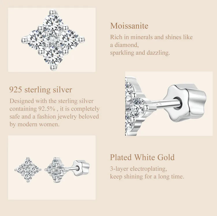 Four-Leaf Clover Moissanite Screw-Back Stud Earrings - Sterling silver setting detail
