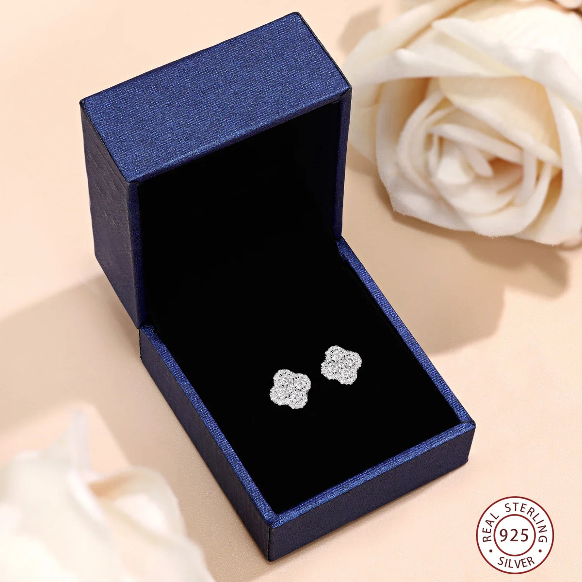 Clover Cluster Moissanite Stud Earrings in Sterling Silver — Clover earrings in presentation box
