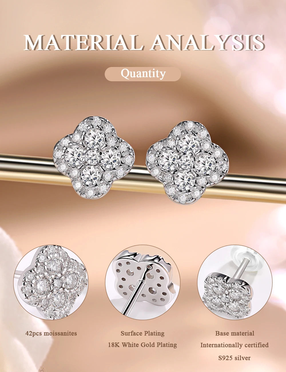 Clover Cluster Moissanite Stud Earrings in Sterling Silver — Plating and construction information