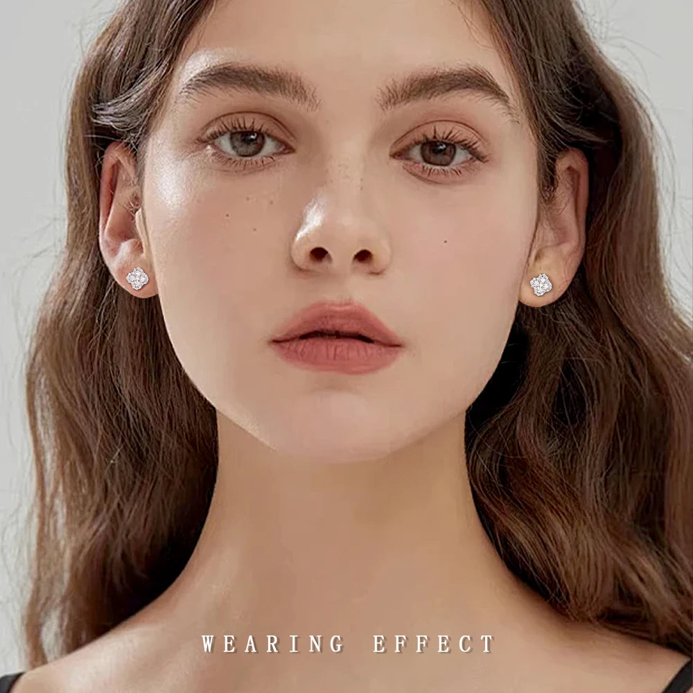 Clover Cluster Moissanite Stud Earrings in Sterling Silver — Clover stud front view on the ear