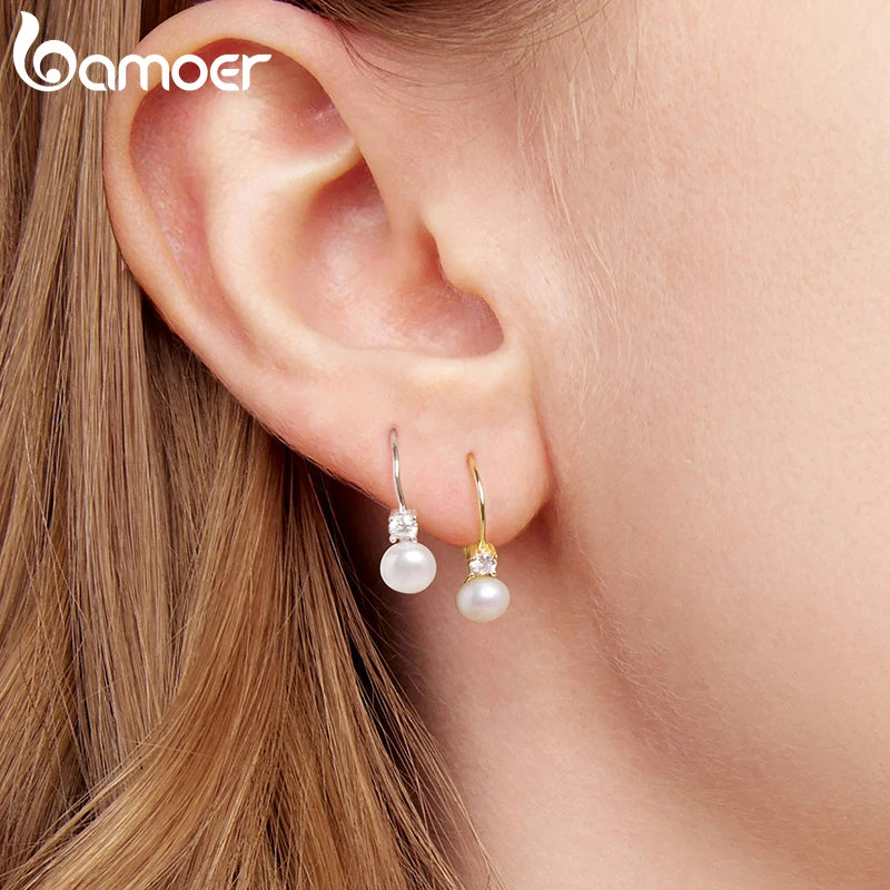 Freshwater Pearl & Moissanite Leverback Earrings - Both finishes styled on ear
