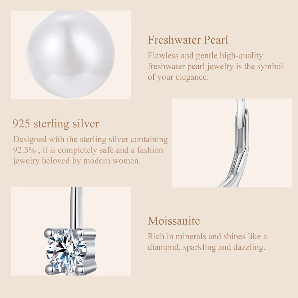 Freshwater Pearl & Moissanite Leverback Earrings - Freshwater pearl and sterling silver details