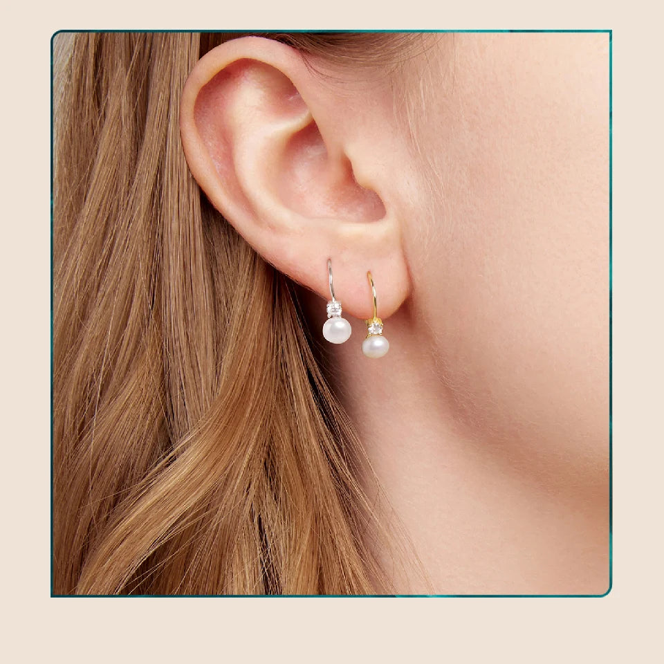 Freshwater Pearl & Moissanite Leverback Earrings - Pearl earrings on model