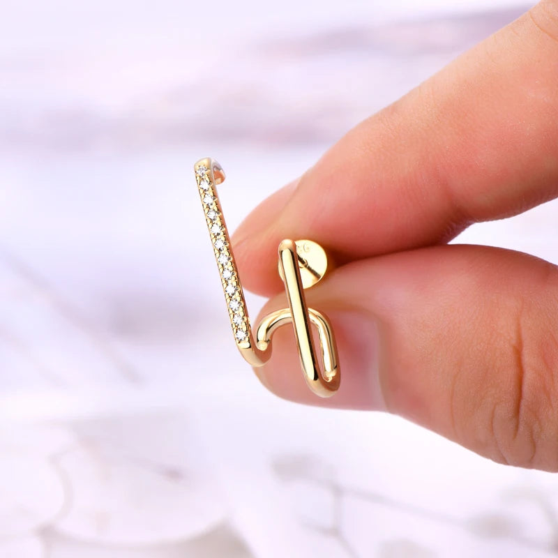 Geometric Double-Bar Moissanite Stud Earrings in Silver — Gold-tone curved connector detail