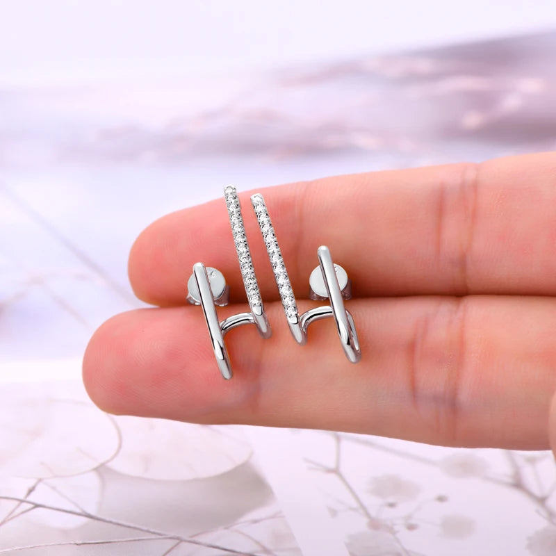 Geometric Double-Bar Moissanite Stud Earrings in Silver — Silver pair on hand