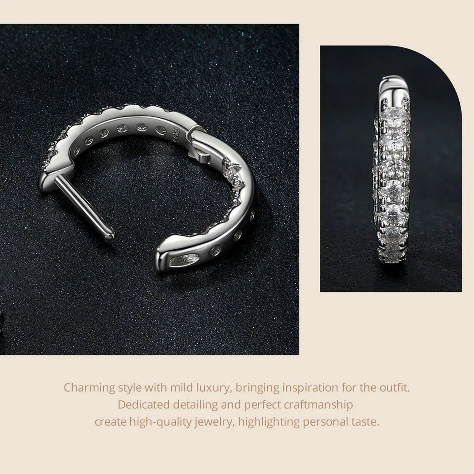 Moissanite Huggie Hoop Earrings in Sterling Silver - silver hinge detail