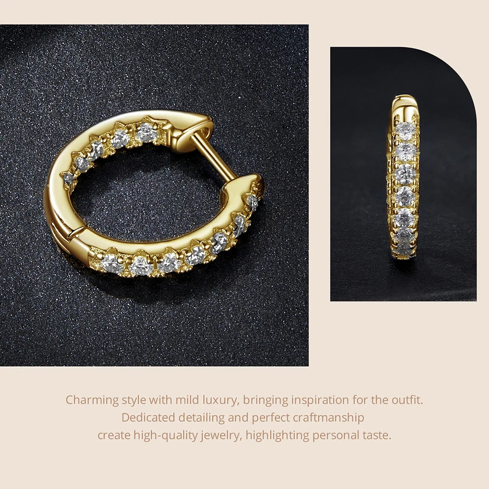 Moissanite Huggie Hoop Earrings in Sterling Silver - gold-tone hoop and hinge