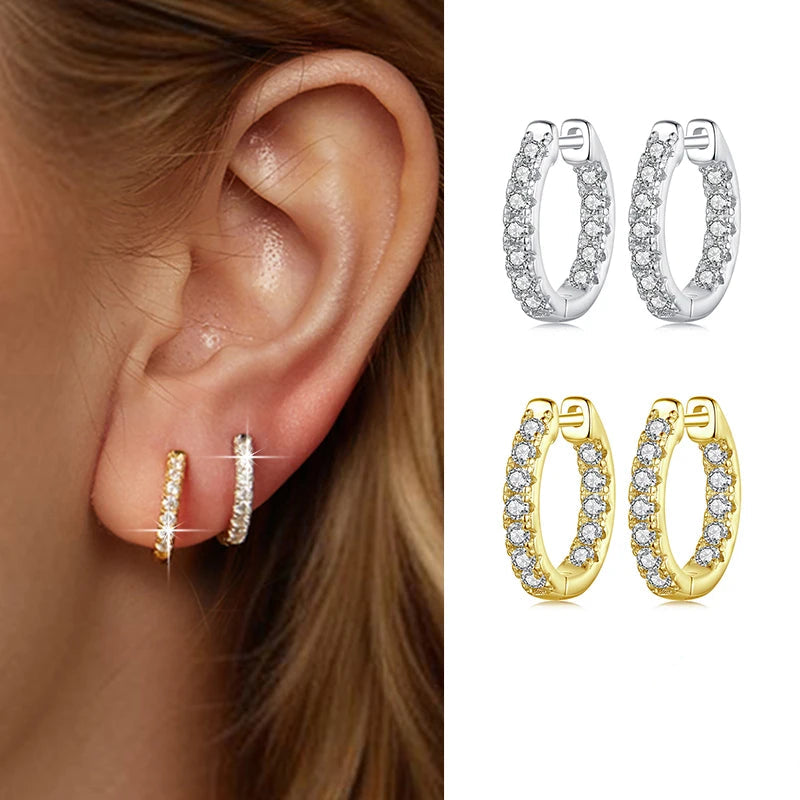 Moissanite Huggie Hoop Earrings in Sterling Silver - worn view and finish comparison