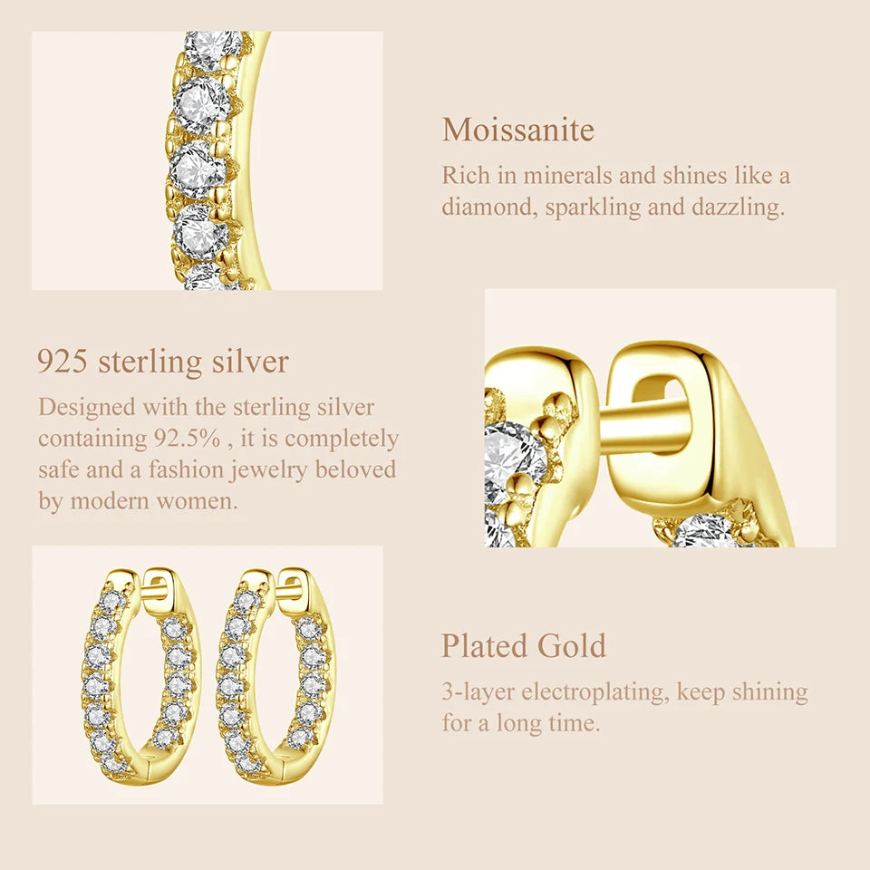 Moissanite Huggie Hoop Earrings in Sterling Silver - gold-tone materials detail