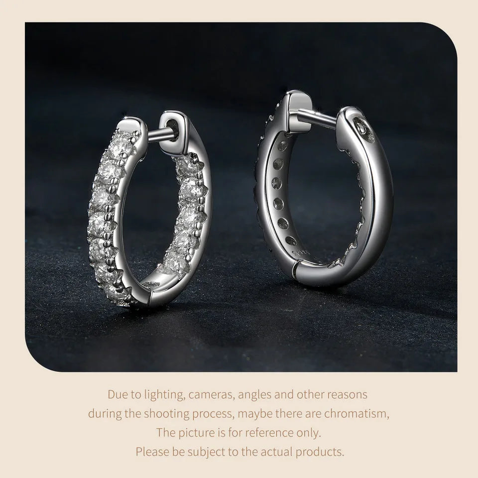 Moissanite Huggie Hoop Earrings in Sterling Silver - silver front and back views