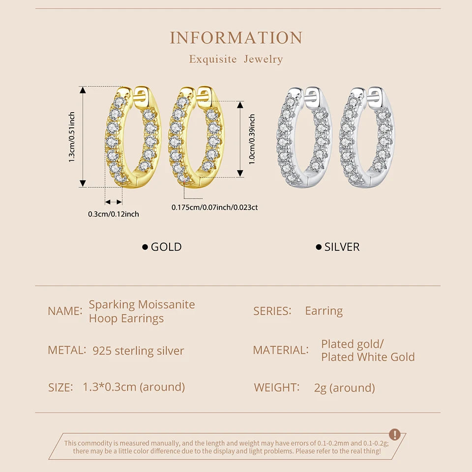 Moissanite Huggie Hoop Earrings in Sterling Silver - finish and size information