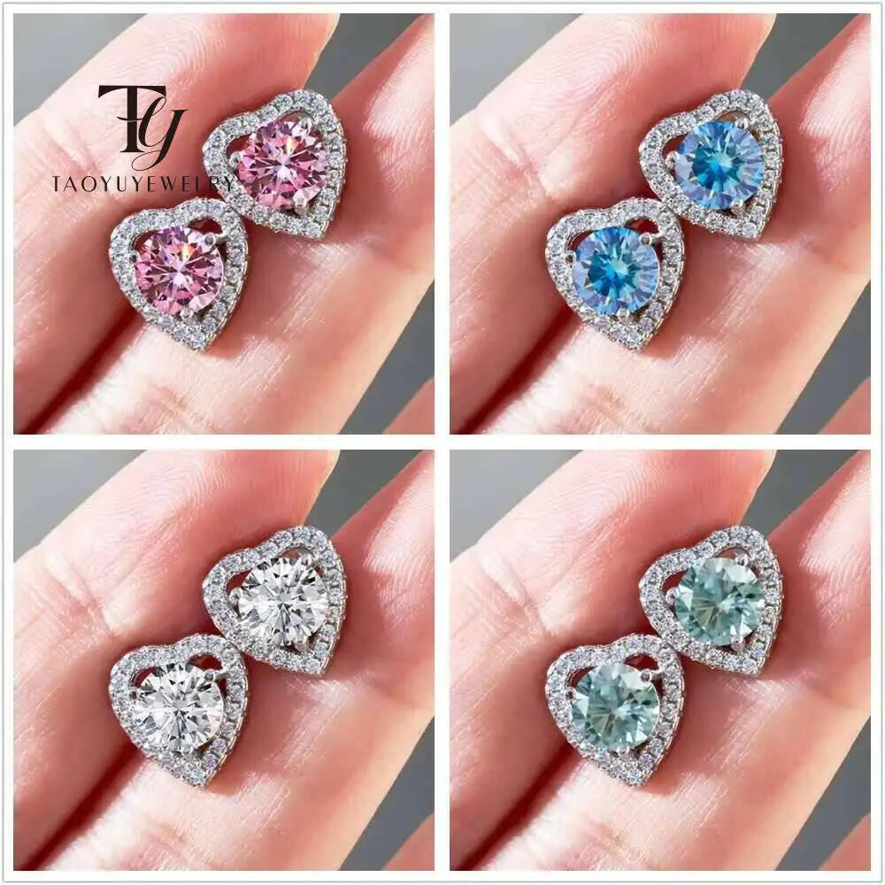 Colorful Heart Halo Moissanite Stud Earrings in Sterling Silver — Heart halo stone color comparison