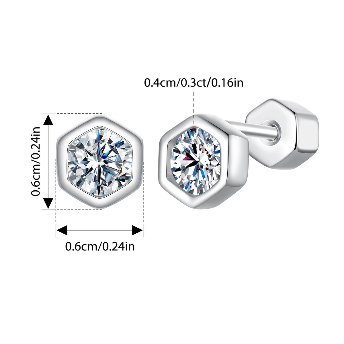 Moissanite Hexagon Bezel Screw-Back Stud Earrings — Hexagon Bezel Studs — BandsCo Straps