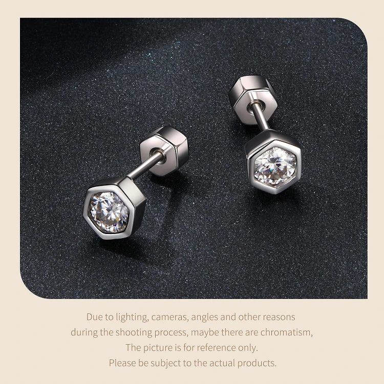 Moissanite Hexagon Bezel Screw-Back Stud Earrings — Hexagon studs on display — BandsCo Straps