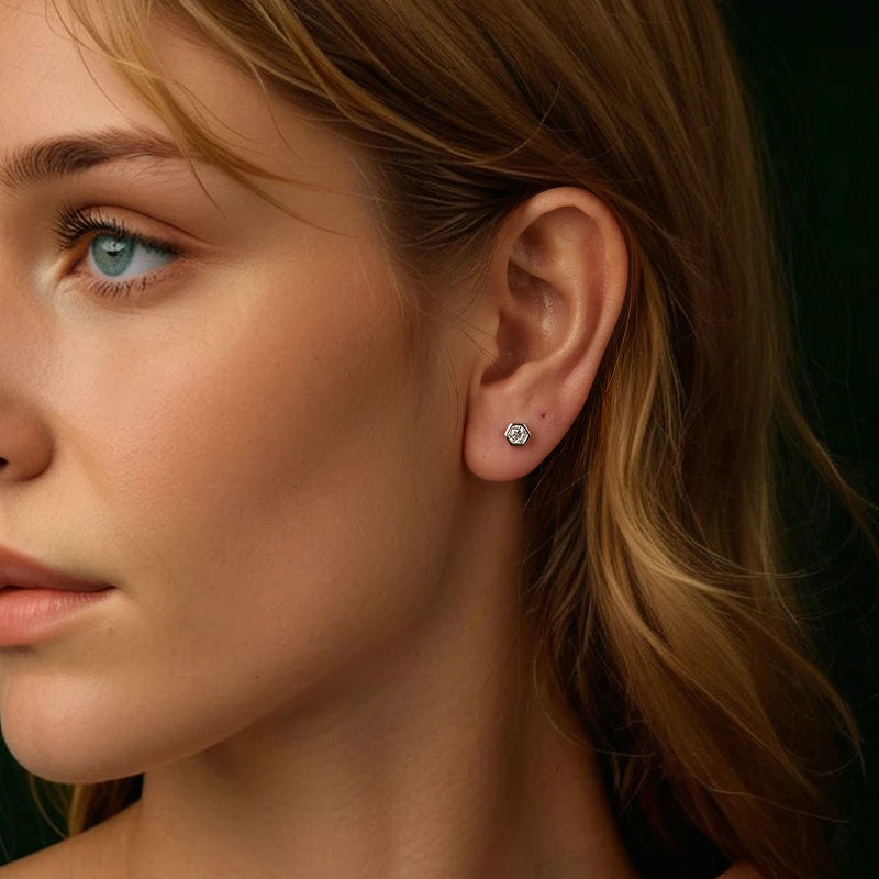 Moissanite Hexagon Bezel Screw-Back Stud Earrings — Hexagon studs worn on ear — BandsCo Straps