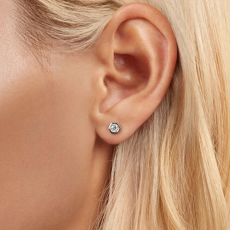Moissanite Hexagon Bezel Screw-Back Stud Earrings — Small hexagon studs on ear — BandsCo Straps