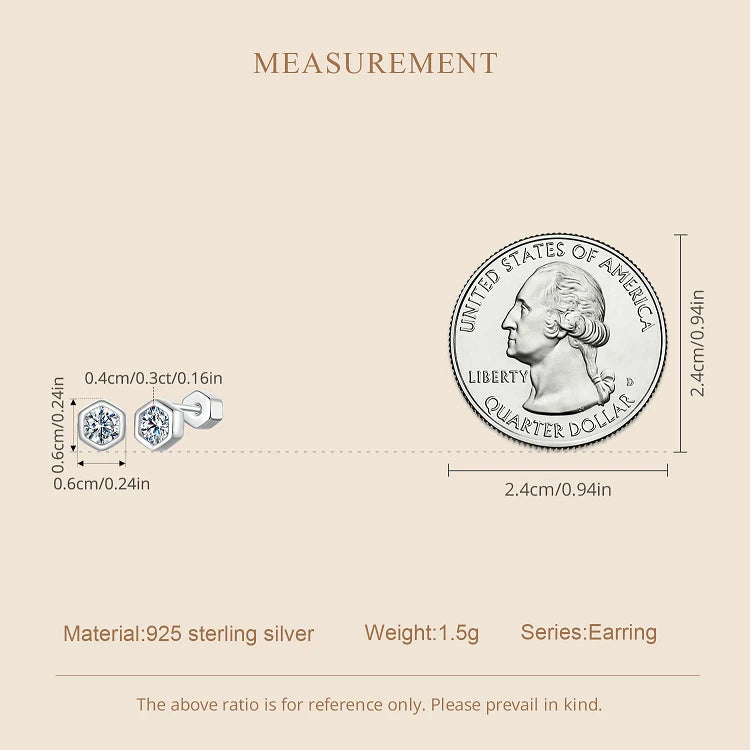 Moissanite Hexagon Bezel Screw-Back Stud Earrings — Stud size comparison — BandsCo Straps