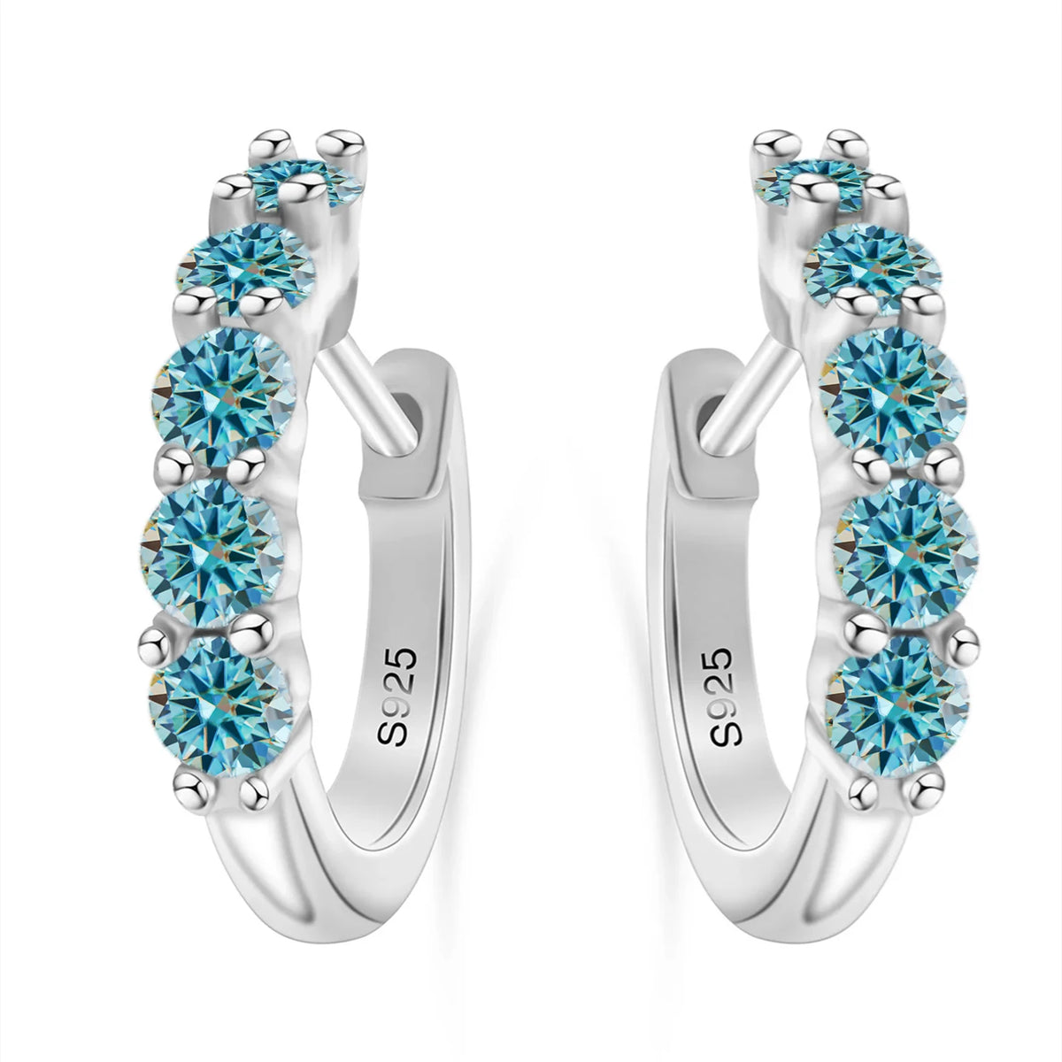 Colorful Five-Stone Moissanite Hoop Earrings in Sterling Silver — Blue