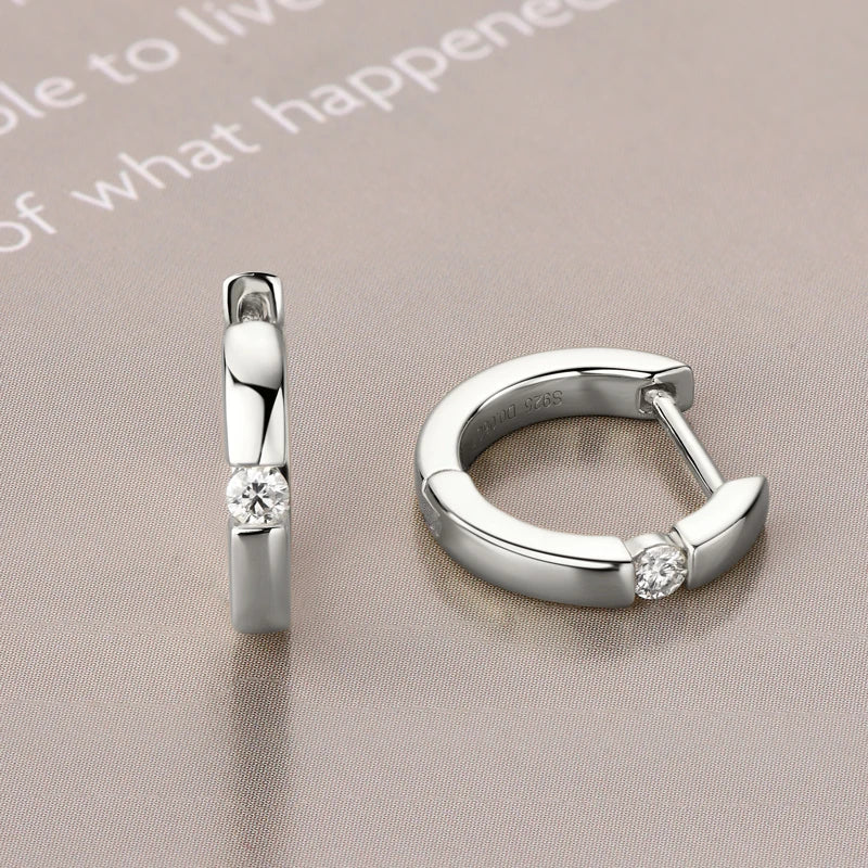 Minimalist Moissanite Hoop Earrings in Sterling Silver — Silver stone detail