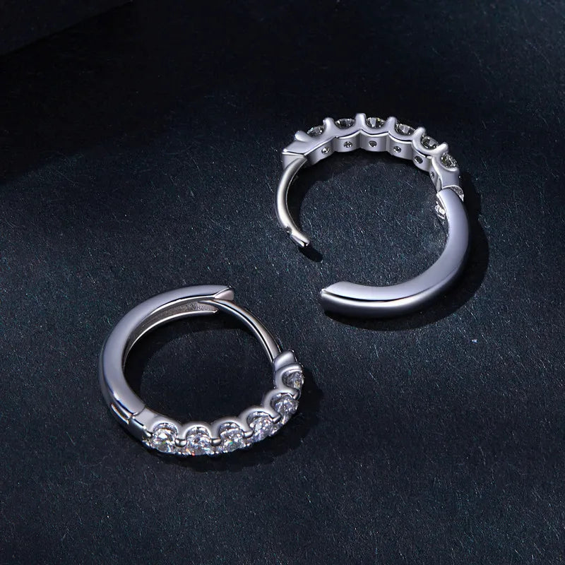 Moissanite Row Huggie Hoop Earrings in Sterling Silver - Open hinged closures