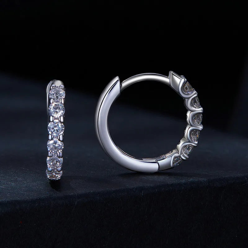 Moissanite Row Huggie Hoop Earrings in Sterling Silver - Front and side hoop profiles