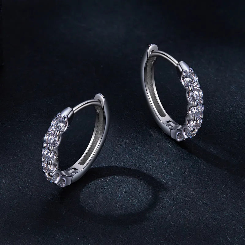 Moissanite Row Huggie Hoop Earrings in Sterling Silver - Round stone rows close-up