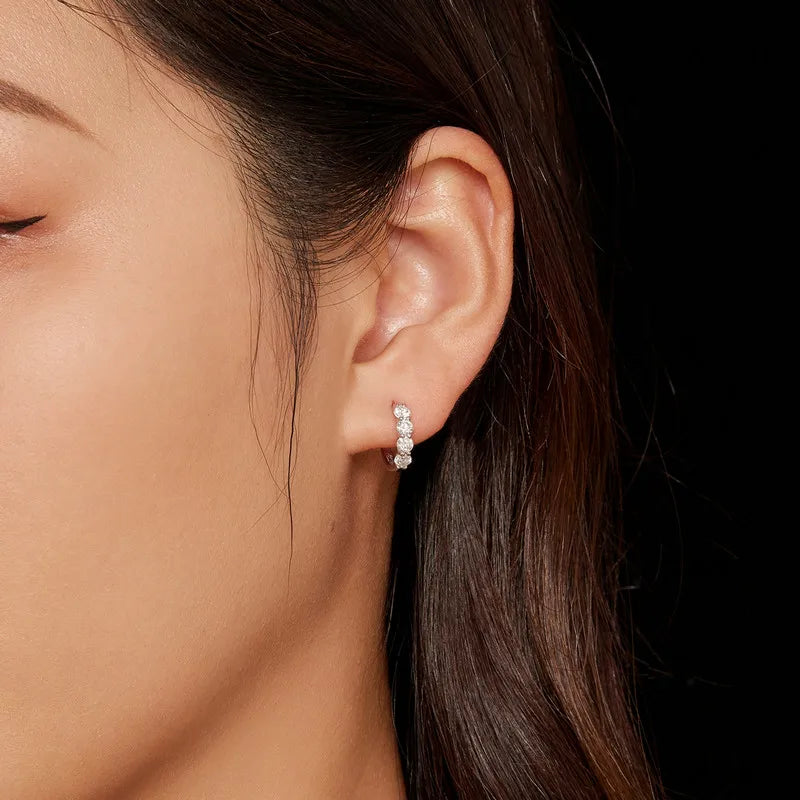 Moissanite Row Huggie Hoop Earrings in Sterling Silver - Huggie hoop shown on model