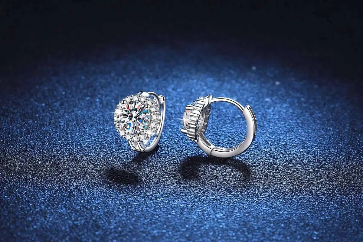 Round Halo Moissanite Hoop Earrings in 925 Sterling Silver — Side and front view
