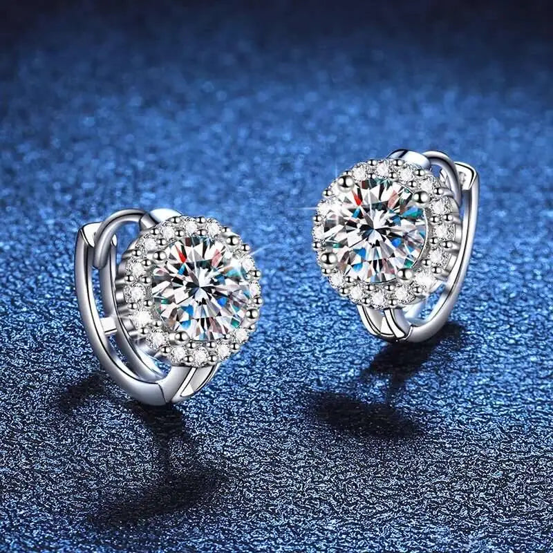 Round Halo Moissanite Hoop Earrings in 925 Sterling Silver — Angled pair