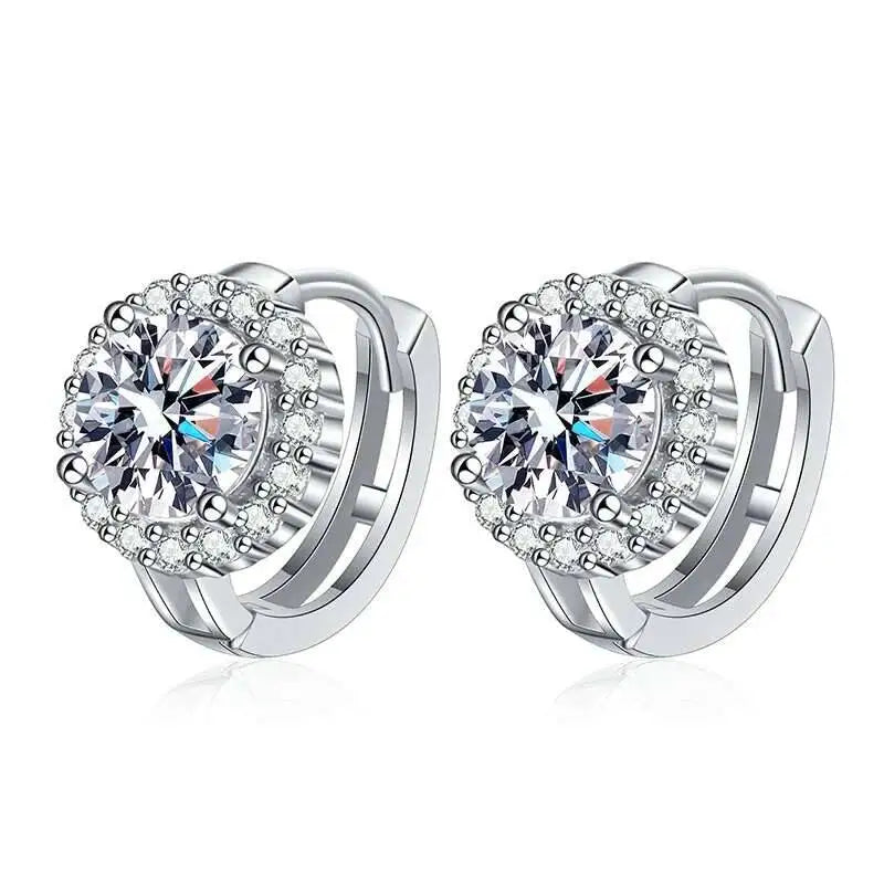 Round Halo Moissanite Hoop Earrings in 925 Sterling Silver — Silver halo fronts