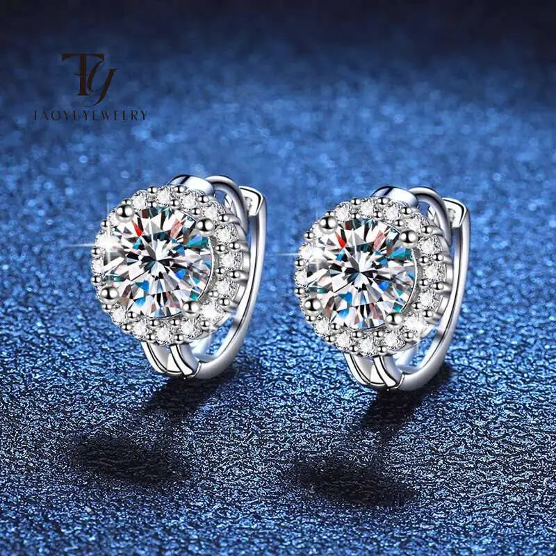 Round Halo Moissanite Hoop Earrings in 925 Sterling Silver — Halo fronts