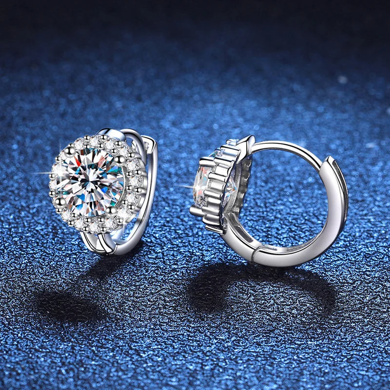 Round Halo Moissanite Hoop Earrings in 925 Sterling Silver — Front and rear hoop