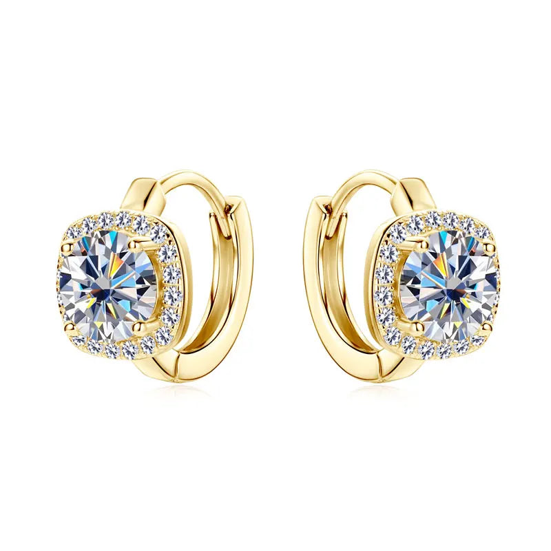 Cushion Halo Moissanite Huggie Earrings in Sterling Silver — Gold-Tone finish