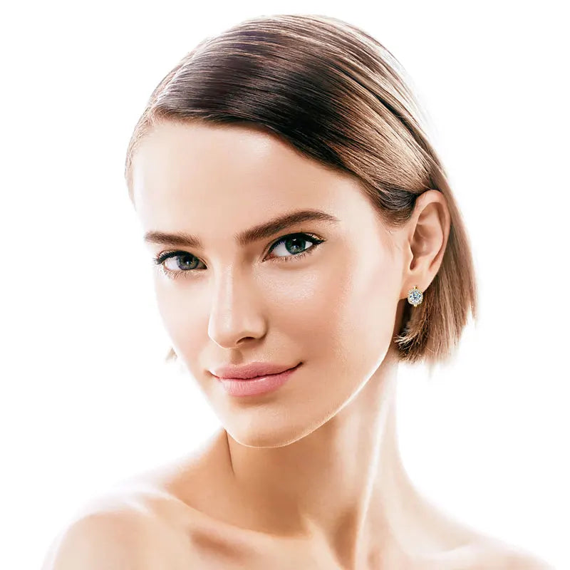 Cushion Halo Moissanite Huggie Earrings in Sterling Silver — Hoops styled on the ear