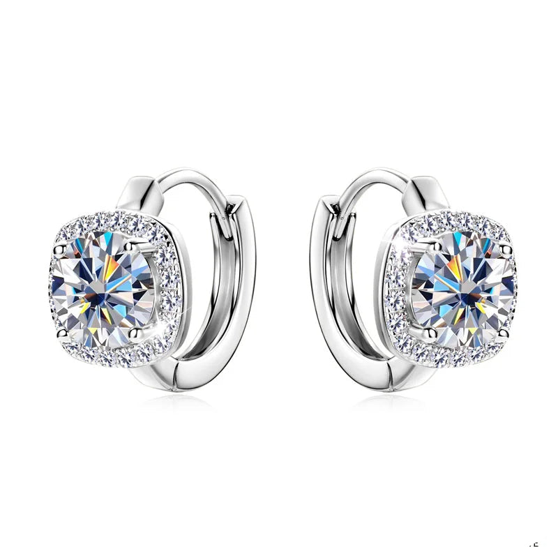 Cushion Halo Moissanite Huggie Earrings in Sterling Silver — Silver pair, cushion halo fronts