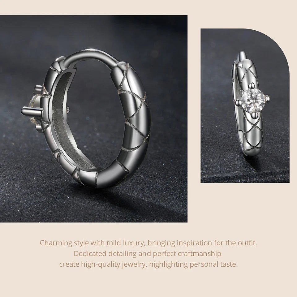 Crosshatch Moissanite Hoop Earrings in Sterling Silver — Engraved hoops and hinged closures