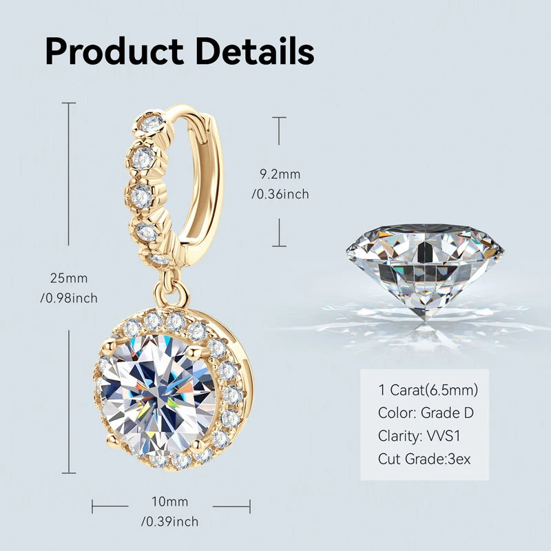 Round Halo Moissanite Huggie Drop Earrings in Sterling Silver — Gold-tone dimensions