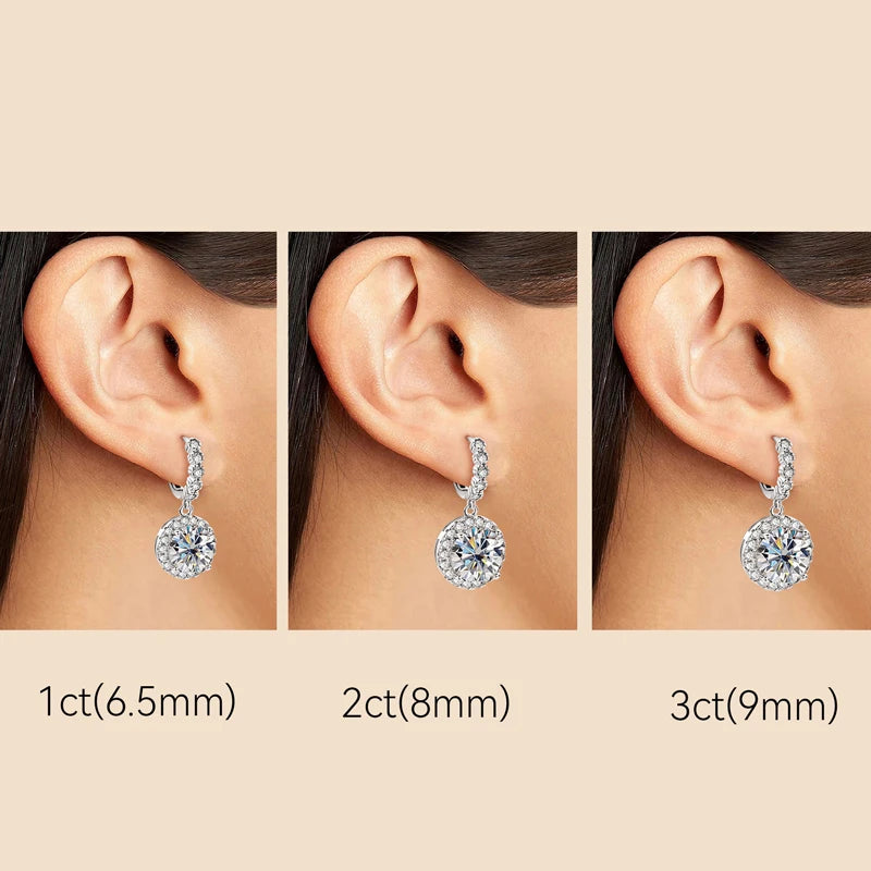 Round Halo Moissanite Huggie Drop Earrings in Sterling Silver — Worn size comparison